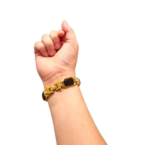 Trifari Vintage Link Crystal Black Cabochon Statement Bracelet - Picture 15 of 15